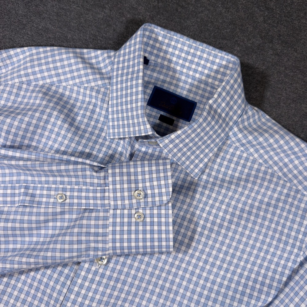David Donahue Button Up Shirt Mens 16.5 34/35 Blue Gingham Slim Fit Cotton